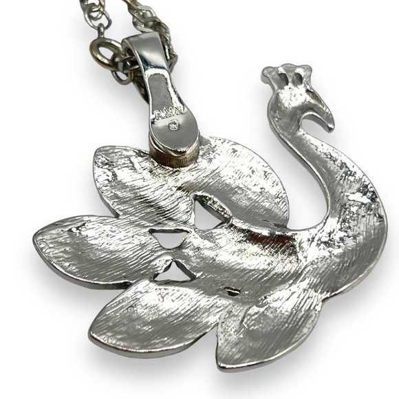 RMN Roman Signed HUGE Green/Blue/Pink Rhinestone PEACOCK Bird Pendant Necklace - Picture 7 of 10